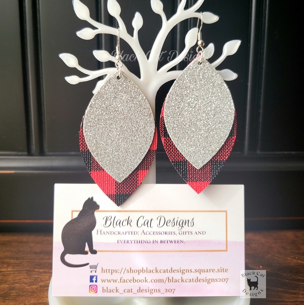 Silver buffalo plaid print faux leather earrings